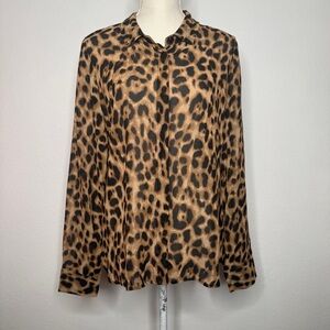 Reformation Leopard Print Viscose Hidden Button Front Long Sleeve Blouse Size L